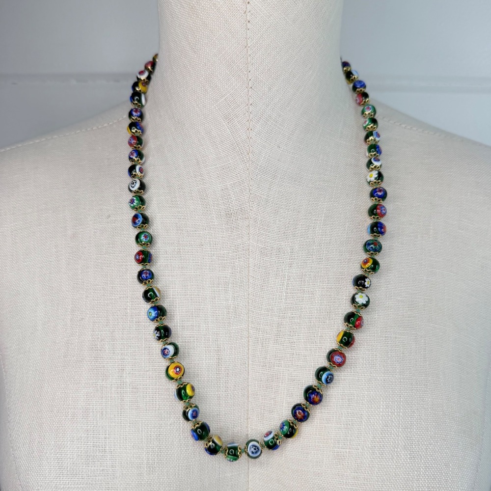 Millefiori Murano Glass Knotted Italian Floral Beaded Necklace 24" VTG - Picture 2 of 11